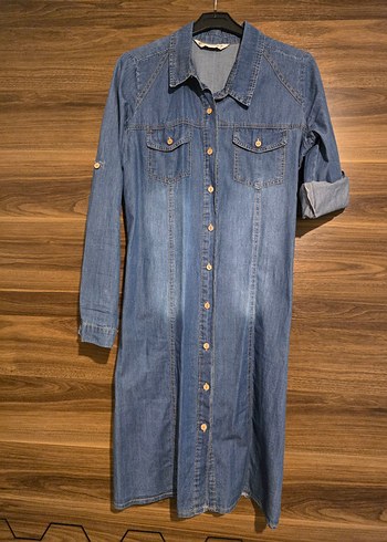 Düğmeli Mavi Uzun Kadın Kot kumaş spor elbise - Görsel 2