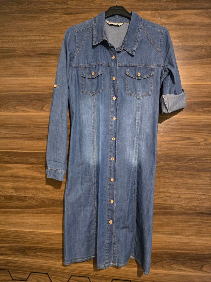 Düğmeli Mavi Uzun Kadın Kot kumaş spor elbise - Görsel 2