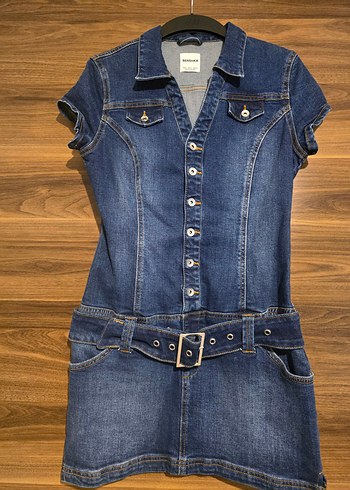 Kadın Lacivert Kemerli Denim Midi Elbise - Görsel 2