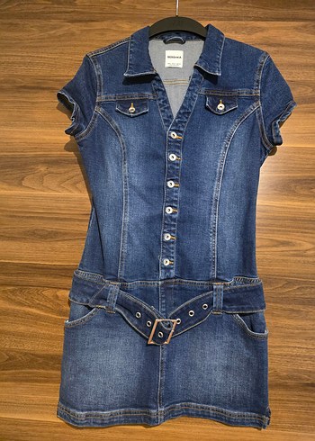 Kadın Lacivert Kemerli Denim Midi Elbise - Görsel 3