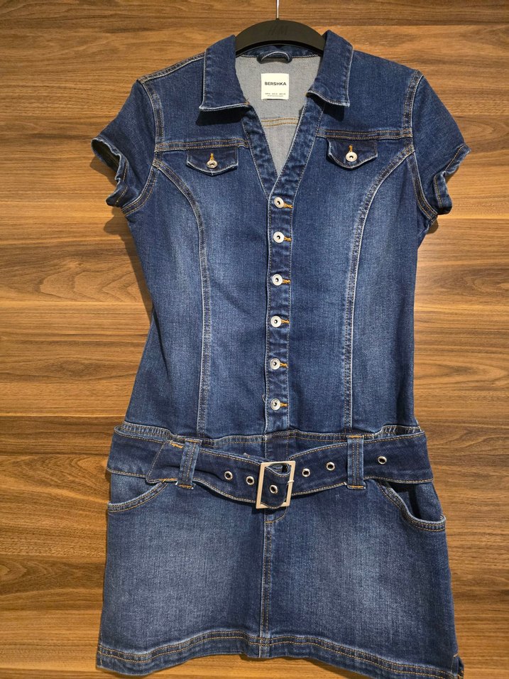 Kadın Lacivert Kemerli Denim Midi Elbise - Görsel 2
