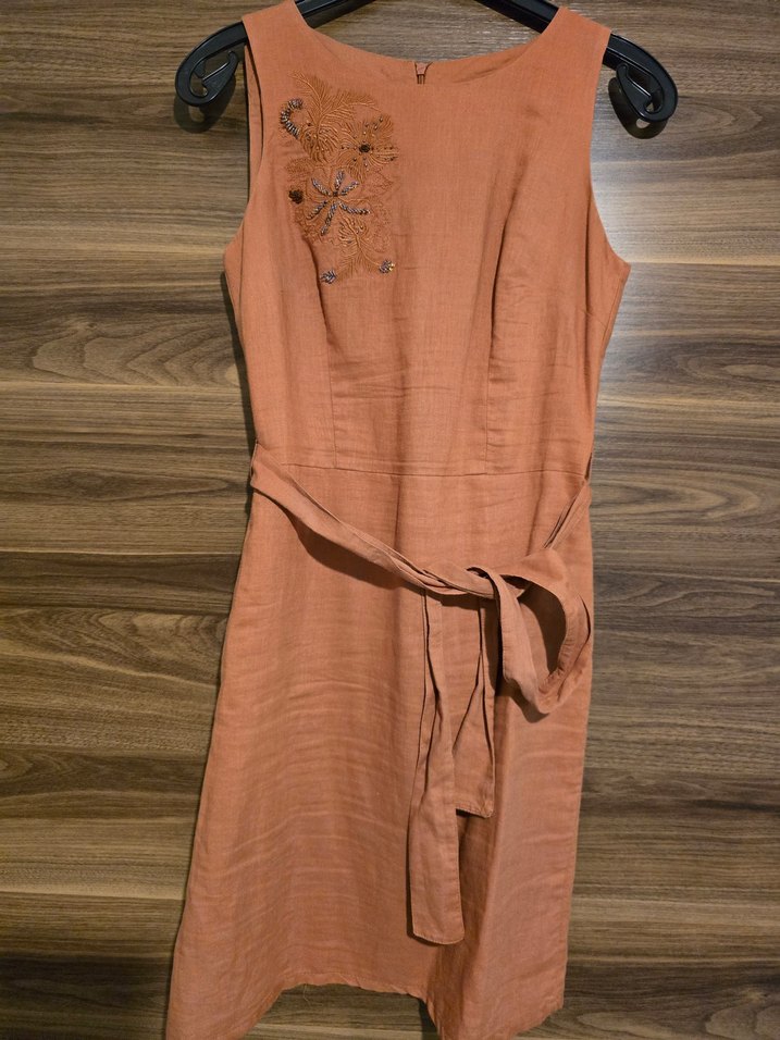 Kahverengi Nakışlı Keten Midi Elbise - Görsel 4