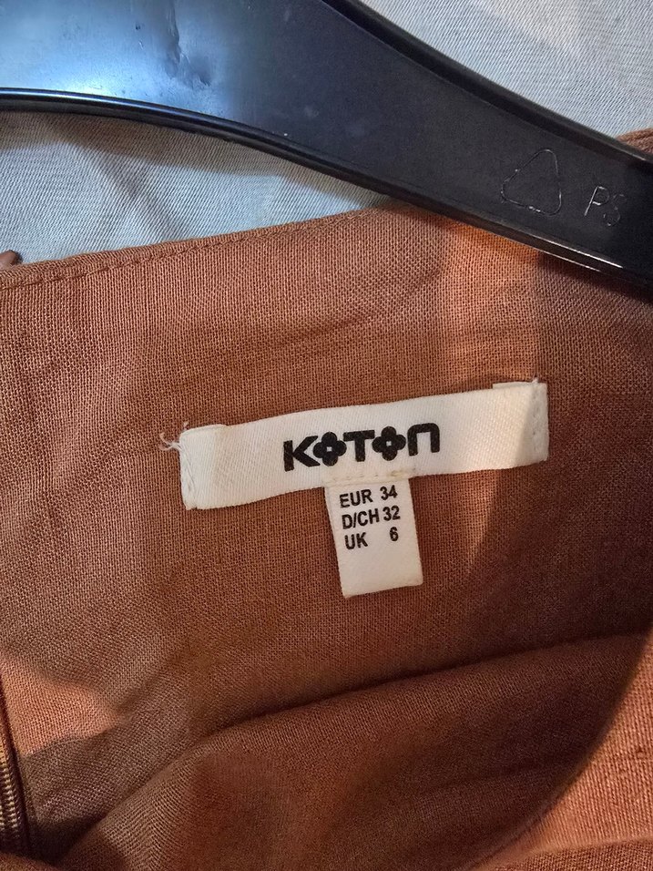 Kahverengi Nakışlı Keten Midi Elbise - Görsel 2