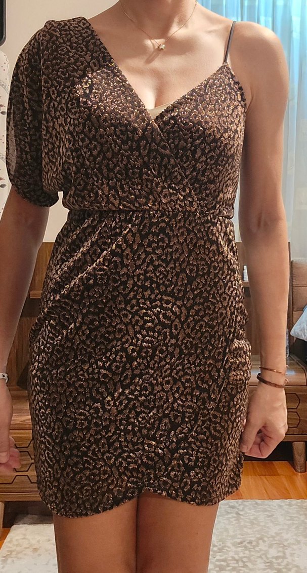 Kahverengi Yılan Desenli Mini Elbise - Görsel 3