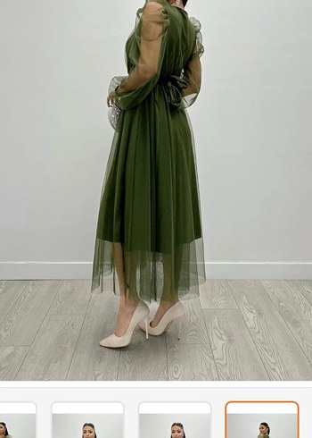 Kemer Detaylı Uzun Haki Abiye Elbise - Görsel 2