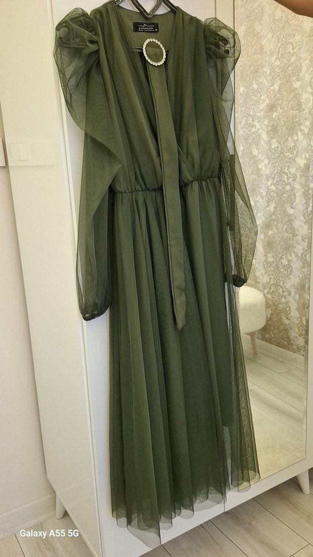 Kemer Detaylı Uzun Haki Abiye Elbise - Görsel 3