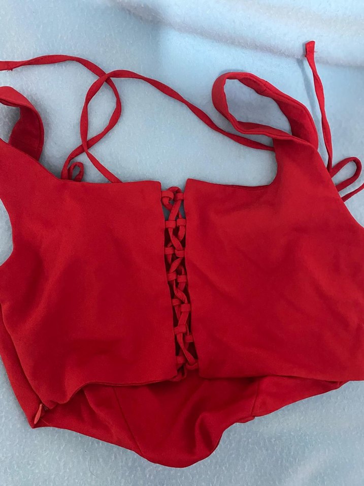 Kırmızı Süet Mini Strappy Büstiyer - Görsel 3