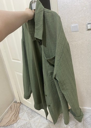 Haki Kadın Keten Gömlek Uzun Kollu - Görsel 3