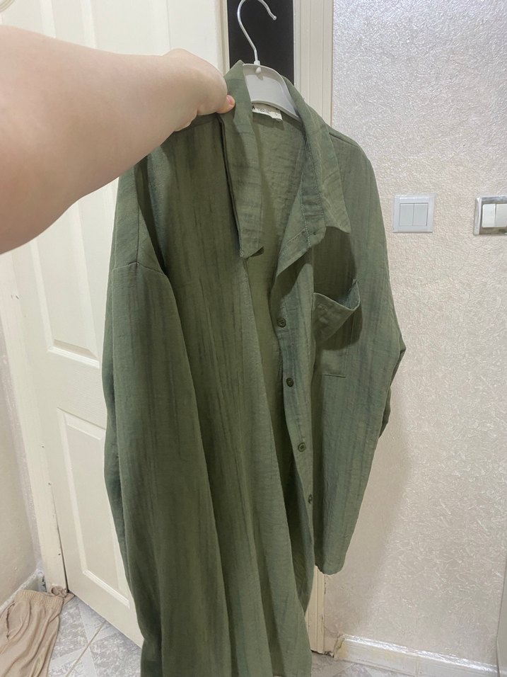 Haki Kadın Keten Gömlek Uzun Kollu - Görsel 2