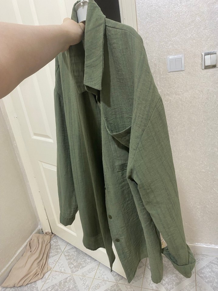 Haki Kadın Keten Gömlek Uzun Kollu - Görsel 3