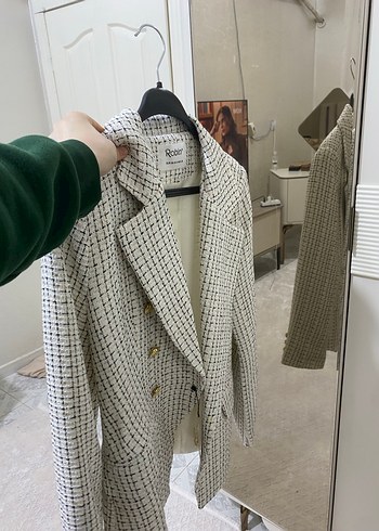 Robin Beyaz Kareli Midi Blazer - Görsel 2