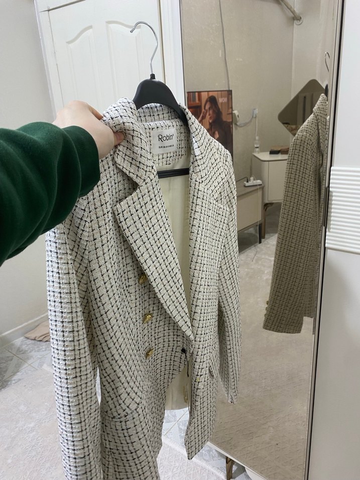 Robin Beyaz Kareli Midi Blazer - Görsel 2