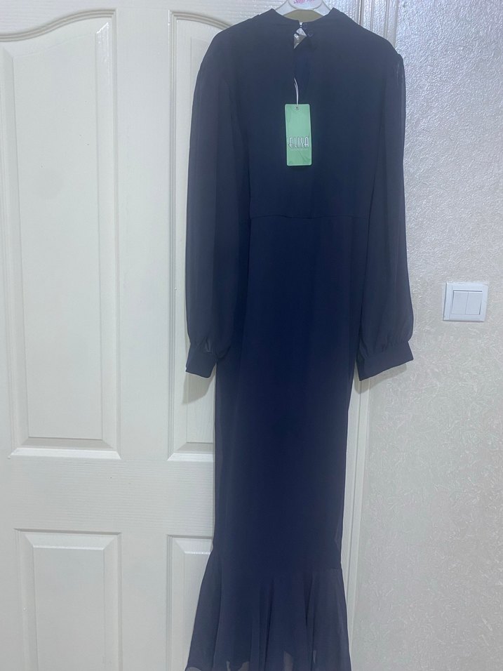 Lacivert Drapeli Uzun Kadın Elbise - Görsel 2