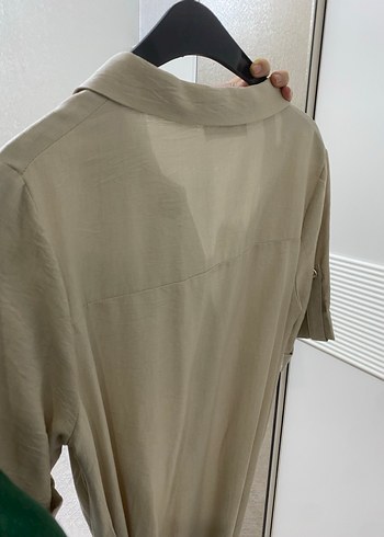 Düğmeli Bej Keten Gömlek Elbise - Görsel 2