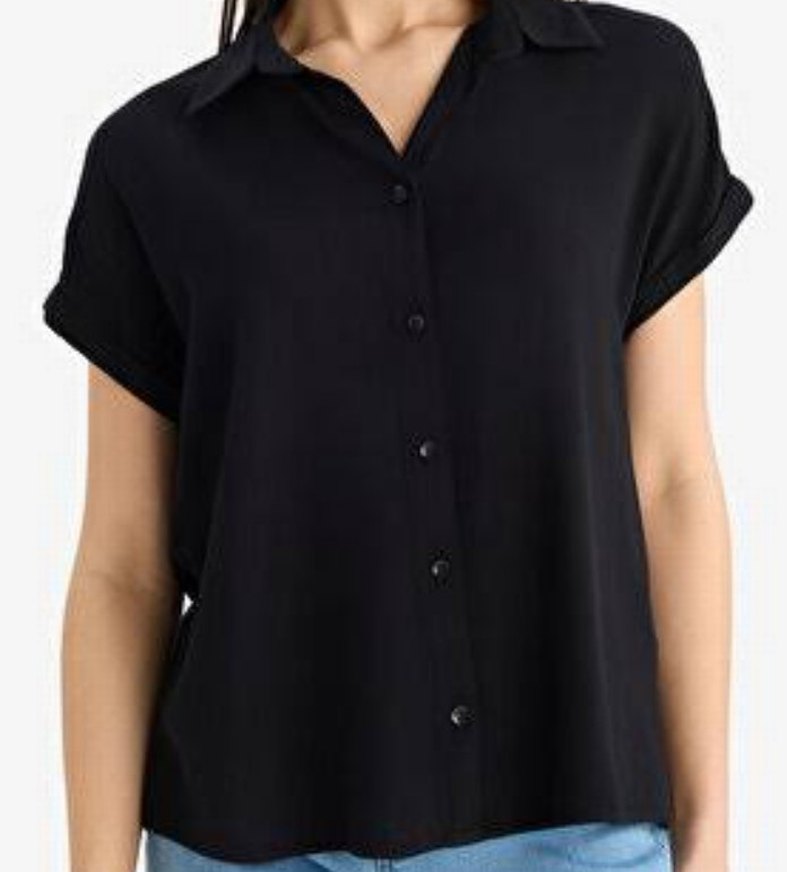 Siyah Kadın Düğmeli Kısa Kollu dik yaka Gömlek - Görsel 2