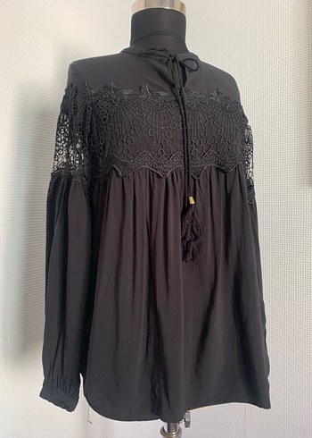 Püsküllü Siyah Bohem Nakışlı Uzun Kollu Bluz - Görsel 2