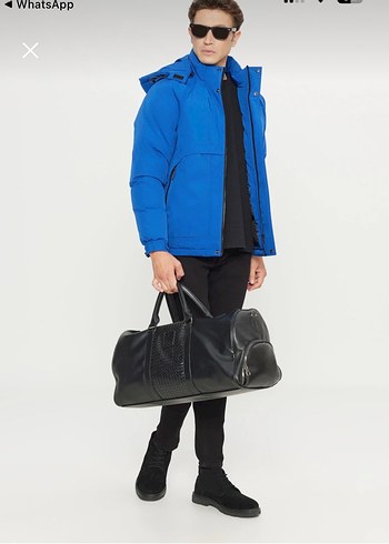 Erkek Mavi Kapüşonlu Rahat Mont - Görsel 3