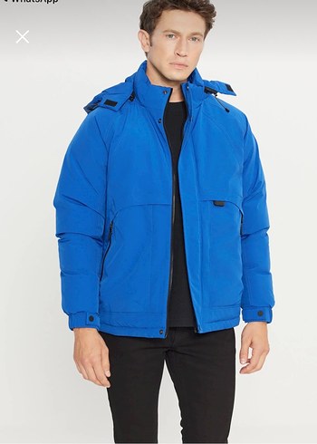 Erkek Mavi Kapüşonlu Rahat Mont - Görsel 2