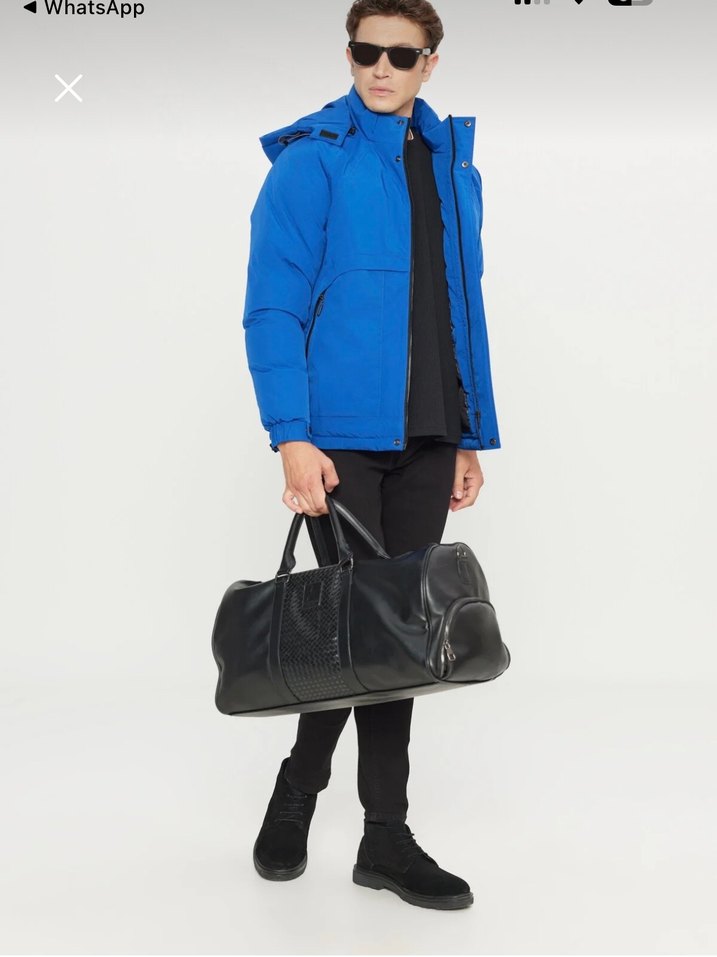 Erkek Mavi Kapüşonlu Rahat Mont - Görsel 3