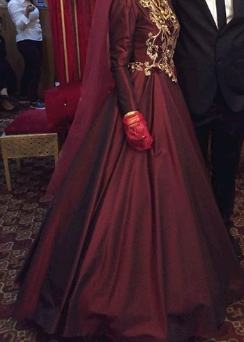 Bordo Uzun Kollu İşlemeli Kadın Abiye Elbise kınalık - Görsel 3