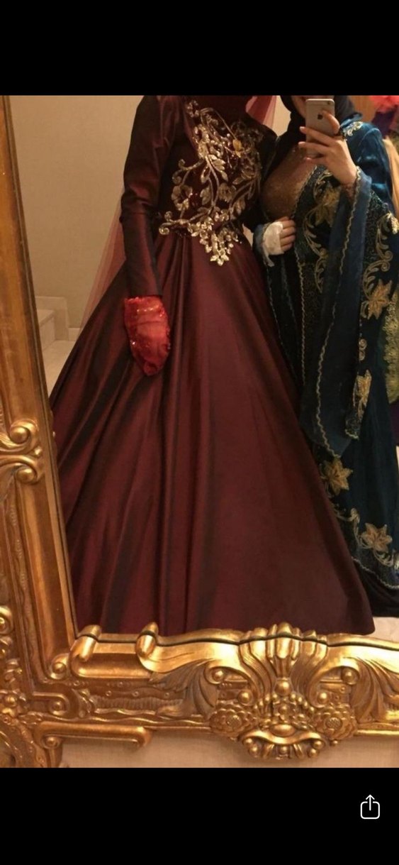 Bordo Uzun Kollu İşlemeli Kadın Abiye Elbise kınalık - Görsel 2