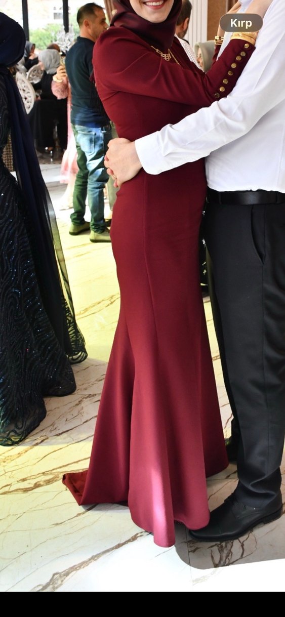 Bordo Uzun kolu düğmeli Düğün Elbisesi - Görsel 2