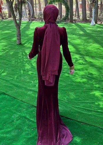 Bordo Kadife Uzun Kollu V Yaka Abiye Elbise - Görsel 2