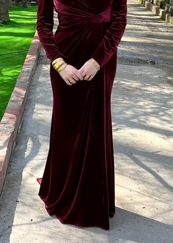 Bordo Kadife Uzun Kollu V Yaka Abiye Elbise - Görsel 3