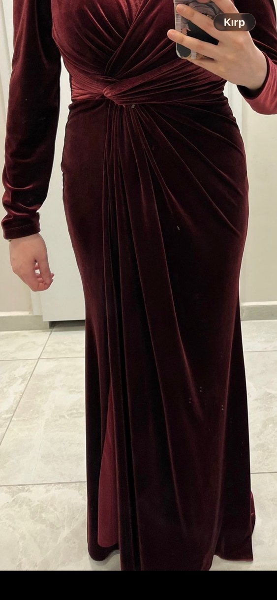 Bordo Kadife Uzun Kollu V Yaka Abiye Elbise - Görsel 4