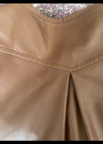 Düğmeli Kısa Kahverengi suni Deri Kadın Ceket - Görsel 3