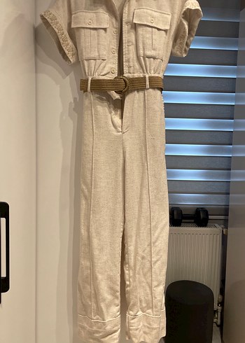 Kemerli Bej Keten Kadın Uzun Tulum - Görsel 5