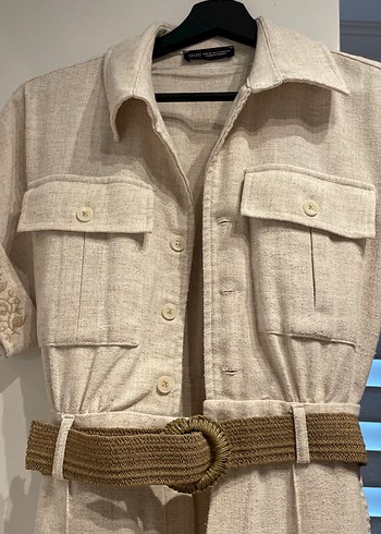 Kemerli Bej Keten Kadın Uzun Tulum - Görsel 2