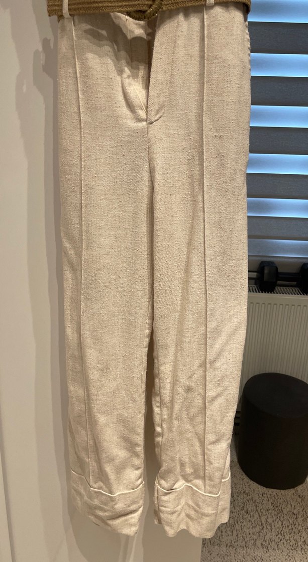 Kemerli Bej Keten Kadın Uzun Tulum - Görsel 4