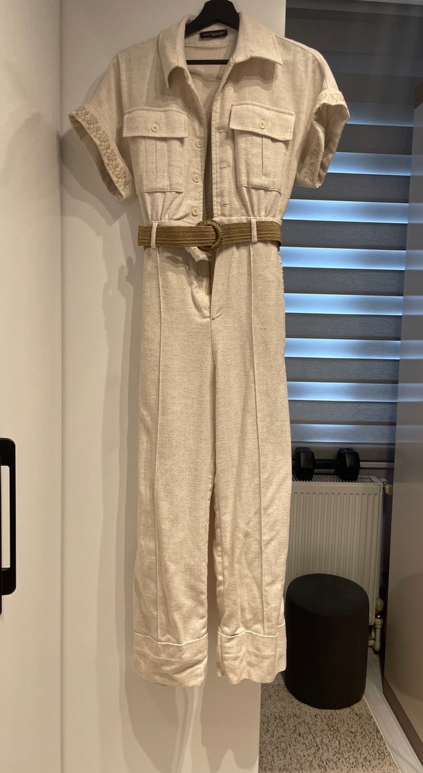 Kemerli Bej Keten Kadın Uzun Tulum - Görsel 5