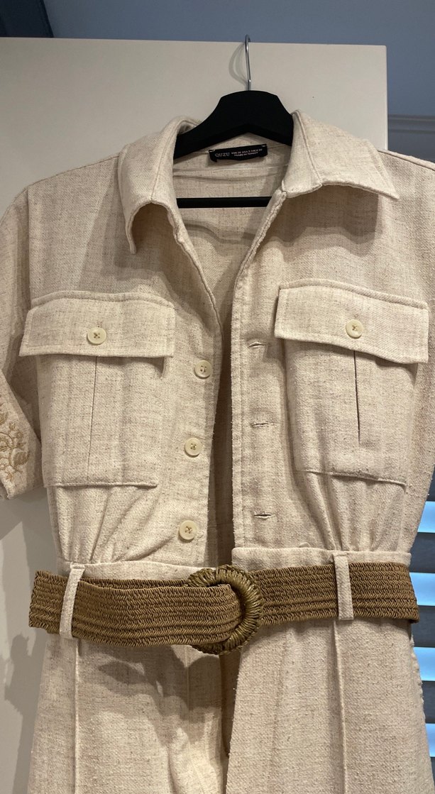 Kemerli Bej Keten Kadın Uzun Tulum - Görsel 2