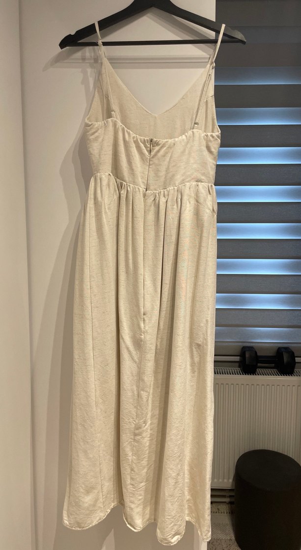 Bej Keten Uzun Askılı Elbise - Görsel 3