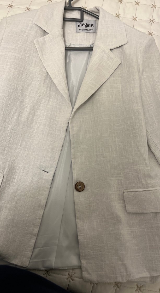 Bej Keten Düğmeli Kadın Blazer Ceket - Görsel 2