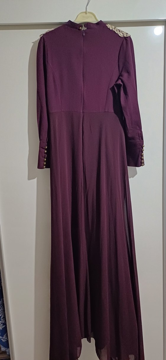 Bordo İşlemeli Uzun Kadın Elbise - Görsel 2