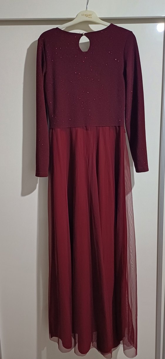 Bordo Uzun Kollu Drapeli Abiye Elbise - Görsel 2