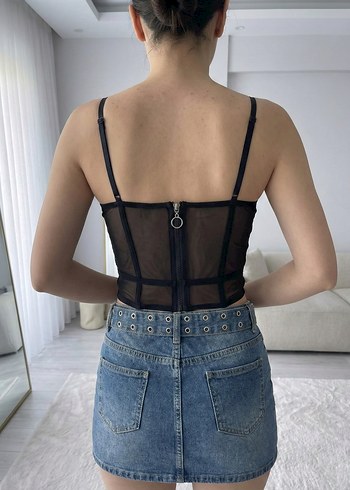 Siyah Transparan Mesh Korse Bustiyer - Fermuar Detaylı - Görsel 2
