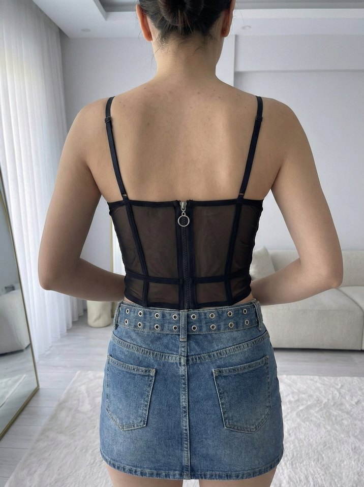Siyah Transparan Mesh Korse Bustiyer - Fermuar Detaylı - Görsel 2