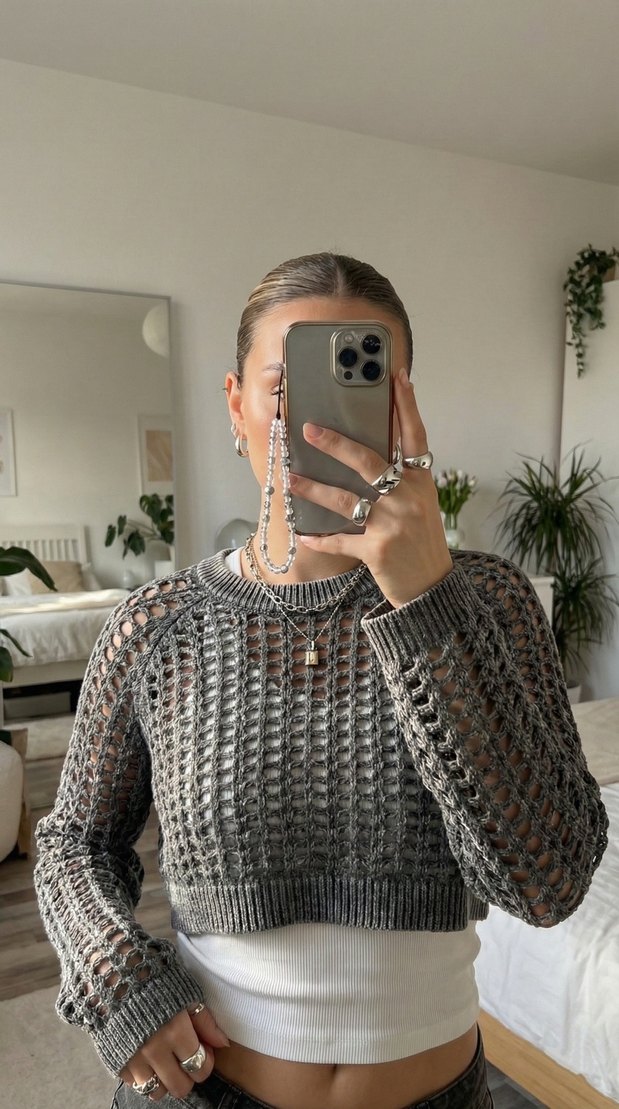 Gri Örgü Kadın Triko Crop Kazak - Görsel 2