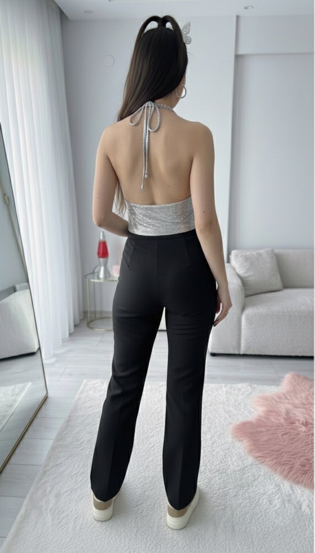 Siyah Yüksek Bel Boru Paça Kumaş Pantolon - Görsel 2