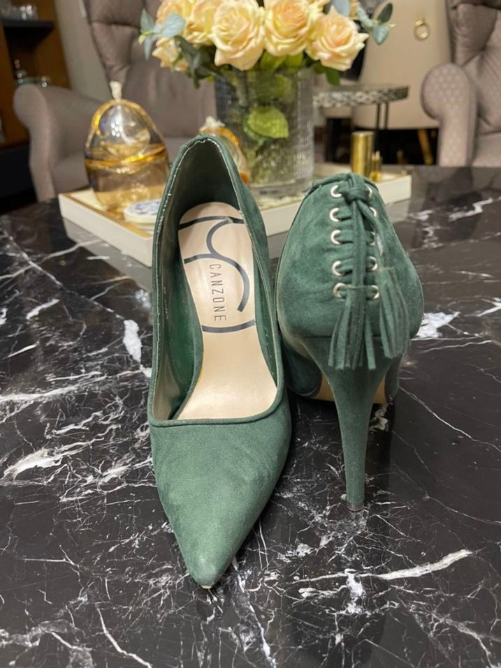 Canzone Şık Yeşil Süet Topuklu Ayakkabı - Arkası Bağcıklı - Görsel 3