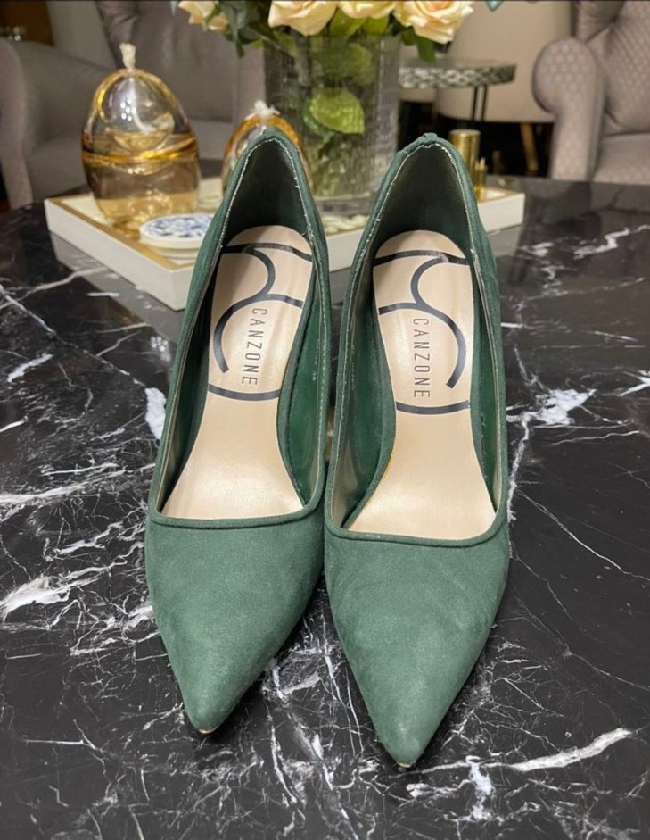 Canzone Şık Yeşil Süet Topuklu Ayakkabı - Arkası Bağcıklı - Görsel 5