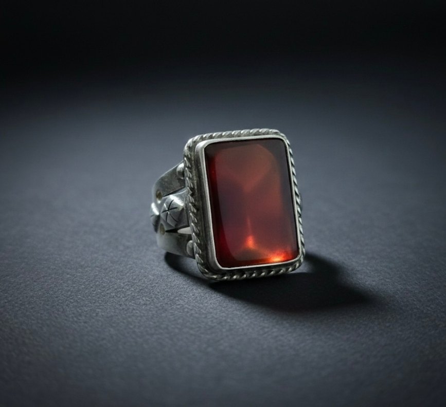 Erkek Gümüş Yüzük - Özel Kesim Kırmızı Akik Taşlı - Görsel 3