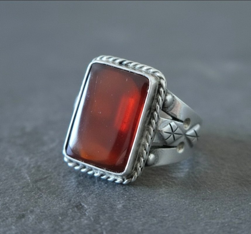 Erkek Gümüş Yüzük - Özel Kesim Kırmızı Akik Taşlı - Görsel 2