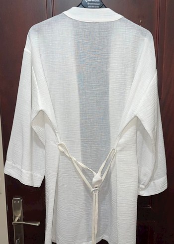 Beyaz Keten Kuşaklı Kadın Kimono - Görsel 3