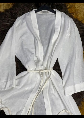 Beyaz Keten Kuşaklı Kadın Kimono - Görsel 6