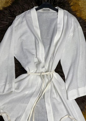 Beyaz Keten Kuşaklı Kadın Kimono - Görsel 5